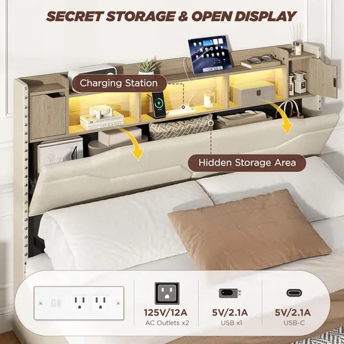 Miniatura 4 de Maupvit Base de cama matrimonial con cabecera de almacenamiento, 4 cajones debajo de la cama y luces LED, plataforma tapizada con estación de carga