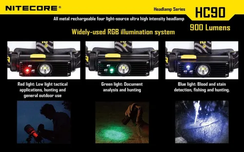 Miniatura 2 de Paquete económico: NITECORE HC90 recargable cuatro fuentes de luz ultra alta intensidad faro -CREE XM-L2 y RGB LED -900 lúmenes con TIP USB