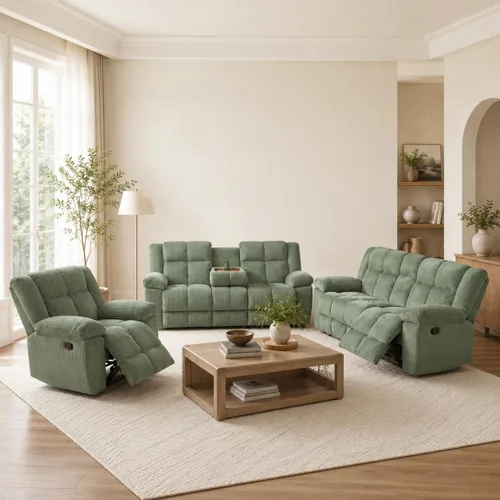 Miniatura 10 de Juego de sofá reclinable seccional con almacenamiento, juegos de muebles de pana para sala de estar, juego de sofá reclinable con portavasos, Beige