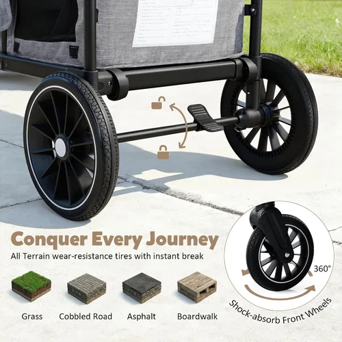 Miniatura 4 de TODEFULL Cochecito Wagon para 2 niños, carrito plegable para niños con arneses, mango doble ajustable de empuje, toldo extraíble, bandeja para Gris