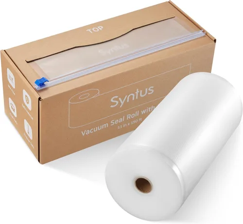 Bolsas selladoras al vacío [2025 Actualizadas] Syntus de 11" x 150' para alimentos con cortador, rollo de bolsas selladoras al vacío con soporte,