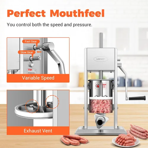 Miniatura 2 de LEEVOT - Embutidor manual de 7LBS/3L, kit profesional de acero inoxidable para hacer y rellenar salchichas con 2 velocidades, 5 tubos de relleno