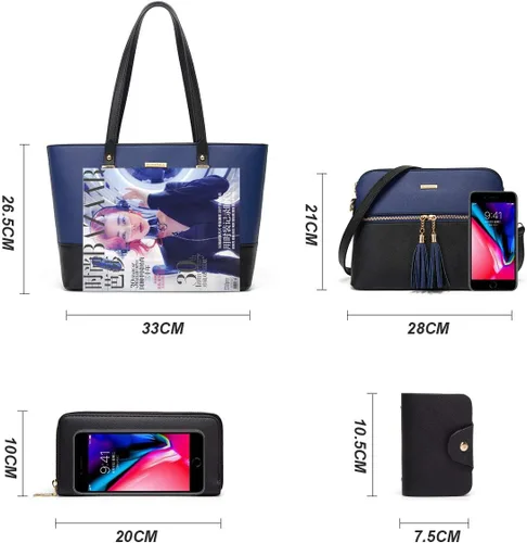 Miniatura 46 de Juego de 4 bolsas modernos para mujer de cuero sintético: bolso tote, bolso de hombro, bolso de mano y cartera.