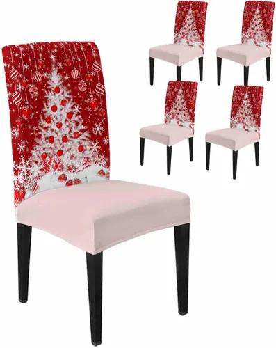 Savannan - Juego de 4 fundas para sillas de árbol de Navidad, bolas de copos de nieve de color rojo invierno, fundas elásticas para sillas Parsons,