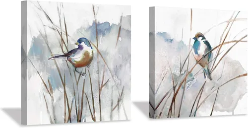 Cuadro abstracto de pájaro para pared, diseño de pájaros en junco, impresiones de acuarelas sobre lienzo para dormitorio (12 x 12 x 2 paneles de 12