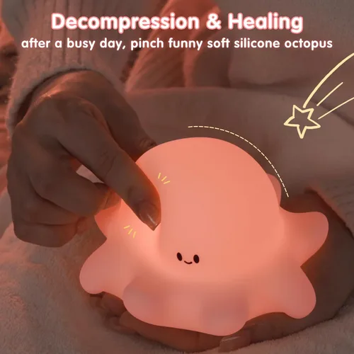 Miniatura 4 de YR YRHH-PET Luz nocturna de pulpo rosa, lámpara LED blanda novedosa de animales, luz nocturna de silicona de grado alimenticio, 3 niveles