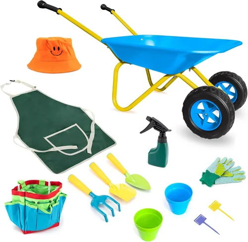 Miniatura 15 de 3T GROUP Juego de carretilla para niños, carretilla de metal para niños, barril de rueda para todas las estaciones, arena y suciedad, pala de nieve
