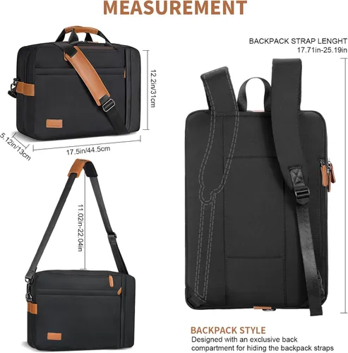 Miniatura 6 de ESTARER Bolsa para laptop 3 en 1 para hombres, mochila para laptop de 17-17.3 pulgadas, bolsa bandolera para computadora para Nailon Negro