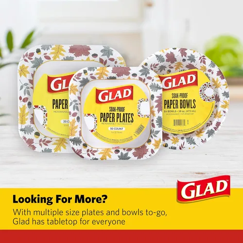 Miniatura 6 de Glad - Platos desechables cuadrados de papel, patrón de follaje otoñal - Platos decorativos fuertes, resistentes, a prueba de remojo y aptos