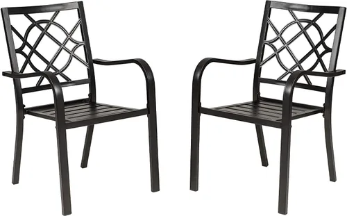 2 sillas de comedor al aire libre, sillas apilables de hierro forjado para patio, bistró, con reposabrazos para jardín, porche, patio trasero, Negro