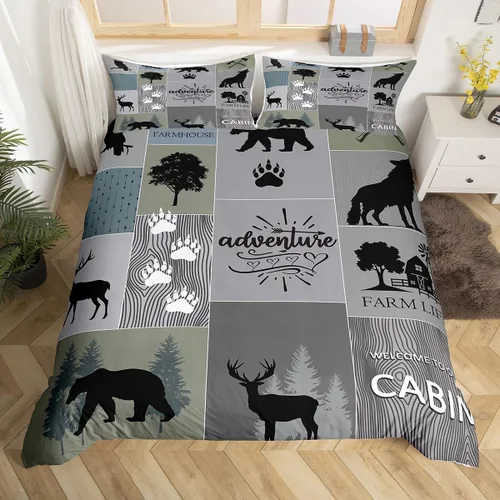Manfei Juego de funda de edredón de aventura, tamaño individual, funda de edredón rústica con 1 funda de almohada, juego de ropa de cama de retazos