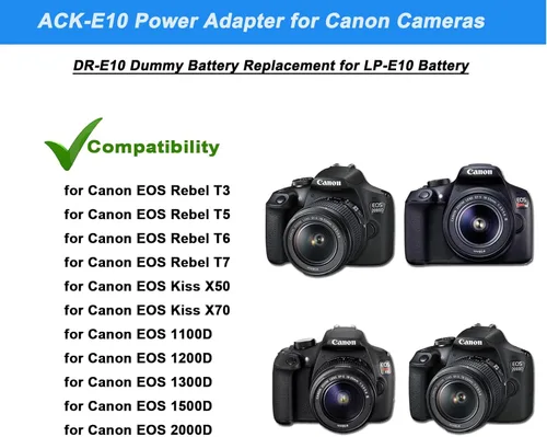Miniatura 2 de ACK-E10 EOS Rebel T7 Fuente de alimentación continua LP-E10 Batería simulada DR-E10 Kit de acoplador DC para Canon EOS T7 T6 T5 T3, Kiss X50 X70 X80