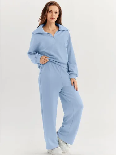 Miniatura 3 de AUTOMET Conjunto deportivo de 2 piezas para mujer, ropa de descanso, con cremallera de un cuarto, sudadera con pantalones de pierna ancha