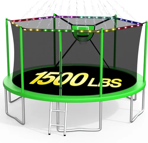 Miniatura 8 de Trampolín para exteriores de 1500 libras con luz+rociador+calcetines, trampolín resistente de 16 pies, 14 pies, 12 pies, con aro de baloncesto