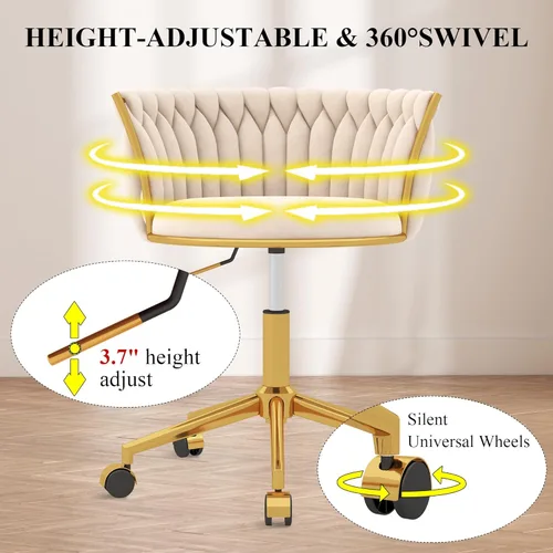 Miniatura 8 de Silla de escritorio de terciopelo, moderna silla de oficina con ruedas, sillón giratorio de tocador para el hogar con respaldo tejido, asiento
