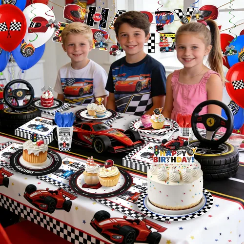 Miniatura 7 de 198 piezas de decoración de fiesta de cumpleaños de autos de carreras (sirve 24), decoraciones de cumpleaños de carreras que incluyen pancartas