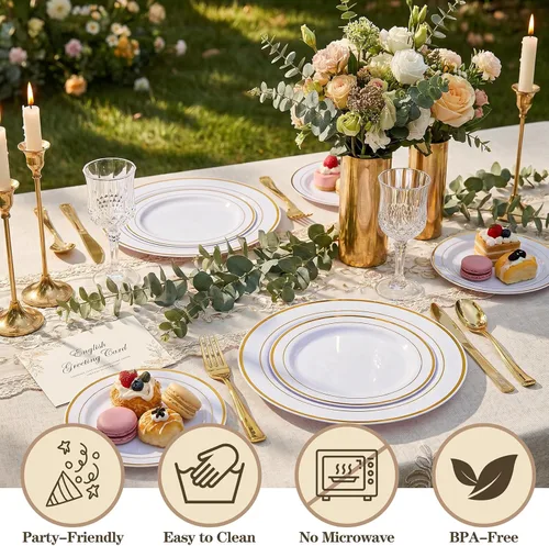 Miniatura 5 de 102 piezas, platos de plástico dorados, platos de fiesta blancos, platos desechables con peso y de alta calidad que incluyen: 51 platos llanos