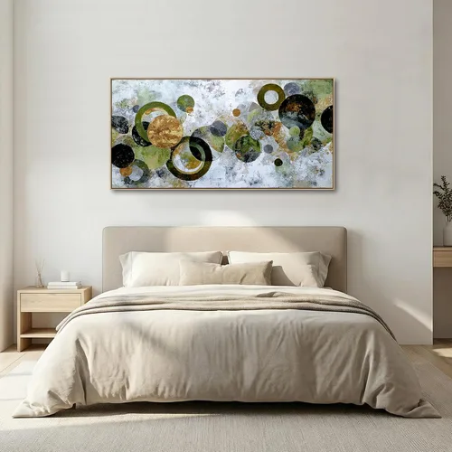 Miniatura 6 de JLXART Lienzo abstracto enmarcado, arte para la pared, moderno círculo verde dorado y negro, pintura colorida, obra de arte texturizada, lista