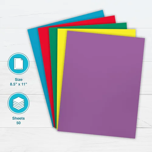 Miniatura 2 de PrintWorks Cartulina brillante de 8.5 x 11 pulgadas, 50 hojas, 5 colores primarios surtidos, ideal para proyectos escolares y artesanales, 65 lb/176