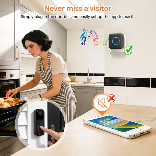 Miniatura 2 de Timbre inalámbrico inteligente WiFi para Google Nest, Ring, Blink - Conectado a la aplicación con luz LED, no requiere cableado (1 paquete, negro)