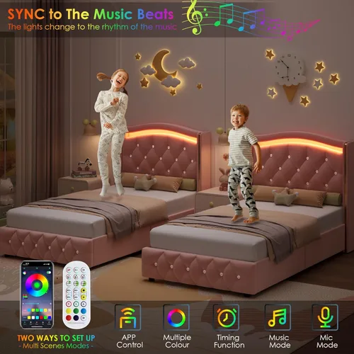 Miniatura 3 de Hifit Base de cama LED, tamaño individual, cabecera capitoné con botones de cristal, 4 cajones, moderna, piel sintética, de princesa, para niñas,