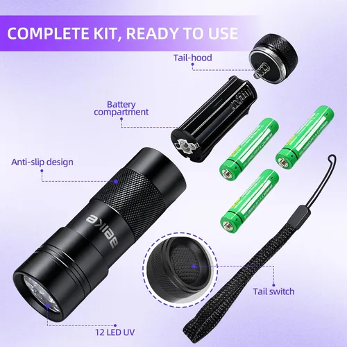 Miniatura 5 de Linterna UV Luz Negra–Pequeña Portátil Mini de 12 LED, Luz Negra para Detección de Manchas Ocultas en la Habitación, Curado de Resina, Búsqueda