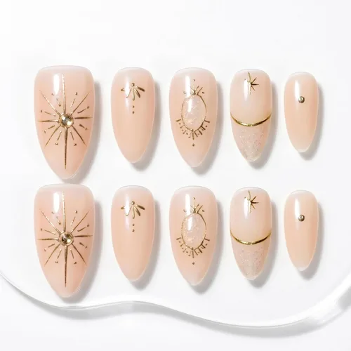 Sun&Beam Nails Dije hecho a mano de almendra media larga con diseño de diamante de color nude, lindas puntas de uñas postizas, 10 unidades (#99 S)