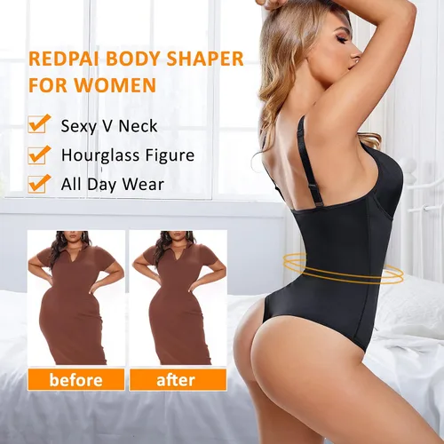 Miniatura 2 de REDPAI Body moldeador de tanga con brasier integrado para mujer, control de abdomen, moldeador de cuerpo completo, cuello en V, faja colombiana