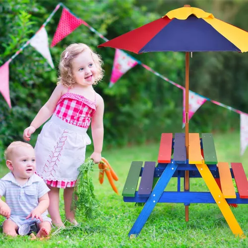 Miniatura 7 de HONEY JOY Mesa de picnic para niños, juego de mesa y banco de madera de abeto para exteriores con paraguas plegable y extraíble, mesas de picnic
