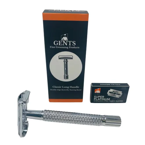 GENTS - Maquinilla de afeitar clásica de doble filo de mango largo – Maquinilla de afeitar abierta mariposa 10 repuestos de hoja de doble filo de