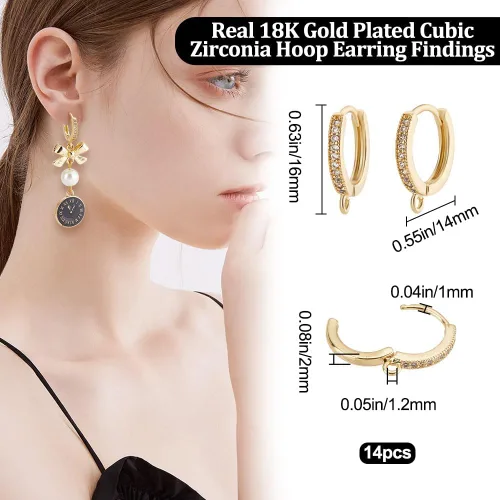 Miniatura 2 de Beebeecraft 1 caja de 14 ganchos de circonita cúbica chapados en oro de 18 quilates, aretes de aro de clip francés con lazo para hacer aretes