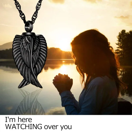 Miniatura 4 de Collar de cremación de ala de ángel para cenizas de acero inoxidable, colgante de urna para cenizas, joyería conmemorativa, estoy aquí viendo sobre