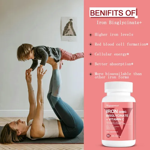 Miniatura 7 de Suplemento de bisglicinato de hierro para mujeres y hombres, pastillas de hierro de 30 mg con vitamina C, B12, ácido fólico, hierro quelado