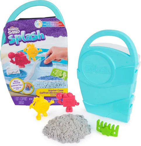 Kinetic Sand, Splash - Estuche para principiantes con arena de juego que cambia de color de 6 onzas, 3 herramientas y moldes, almacenamiento