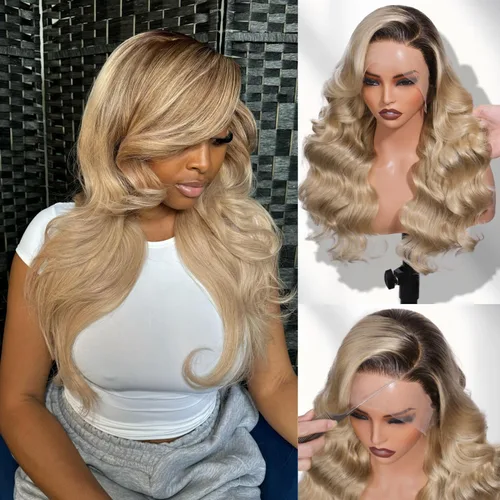 Miniatura 8 de Pelucas de cabello humano rubio ceniza de 26 pulgadas con raíces castañas ombré, color rubio ceniza, ondulado, 13 x 6, peluca de cabello humano