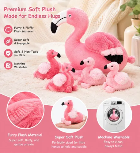 Miniatura 4 de Juguetes de peluche de flamenco de 21 pulgadas con 4 bebés de felpa suave, color rosa, lavable a máquina, para cumpleaños, niños pequeños