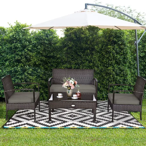 Miniatura 3 de HAPPYGRILL Juego de muebles de patio de 4 piezas, juego de conversación de mimbre de ratán para jardín, piscina, césped, sofá biplaza, asiento Marrón