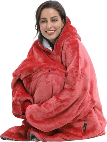 Miniatura 2 de Manta de tamaño grande de sherpa con capucha, cómoda, regalo para adultos, hombres, mujeres, adolescentes, esposa, novia, rojo