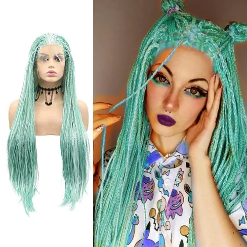 Miniatura 9 de Pelucas trenzadas azules con encaje frontal para mujeres negras, con micro trenzas trenzadas, color degradado, menta, verde, azul, morado, peluca