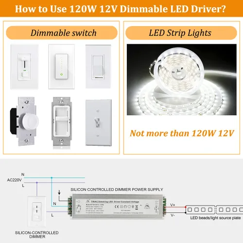 Miniatura 3 de Controlador LED regulable de 120 W, 12 V, funcionamiento silencioso, universal, regulado, 12 V CC, fuente de alimentación regulable, transformador
