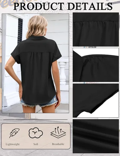 Miniatura 4 de Zeagoo Camisa de manga corta con botones para mujer, cuello en V, elegante, casual, para negocios, trabajo, con bolsillo, S-XXL