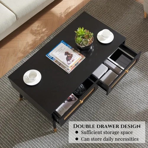 Miniatura 4 de Mesa de centro negra moderna de mediados de siglo con cajones de almacenamiento y estante abierto, mesa rectangular bohemia de madera maciza