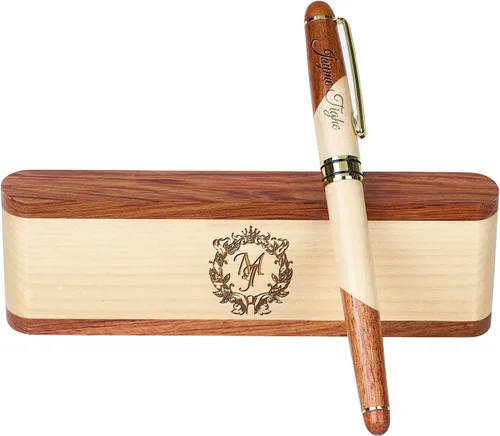 Miniatura 10 de Juego de pluma de madera grabada personalizada, pluma ejecutiva y caja con personalización libre, bolígrafo con estuche para regalo (D)