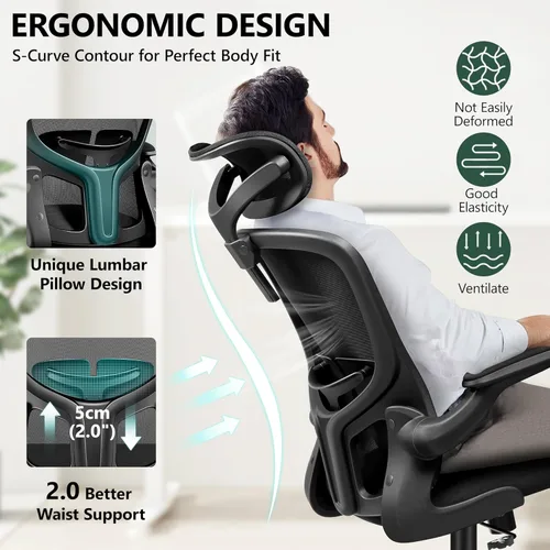 Miniatura 3 de FelixKing Silla de Oficina Ergonómica Silla de Escritorio con Reposacabezas, Silla de Escritorio de Respaldo Alto con Soporte Lumbar Ajustable y Gris