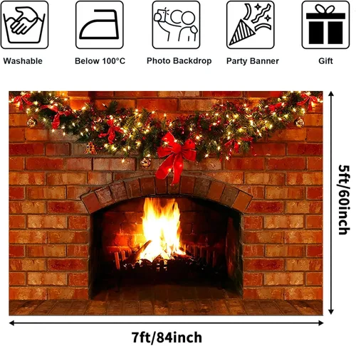 Miniatura 4 de Telón de fondo de chimenea de Navidad para fotografía de 7 x 5 pies, decoración de chimenea de ladrillo rojo para fiestas de Navidad, fondo