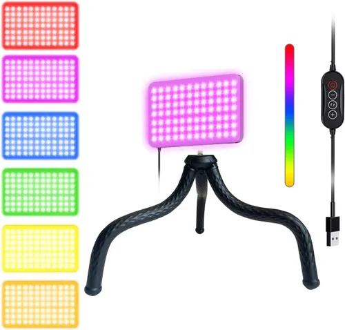 Fugetek Luz de video LED RGB con trípode de escritorio flexible, 77 cuentas RGB, controlador con cable, alimentado por USB, portátil, 3200k-6500k,