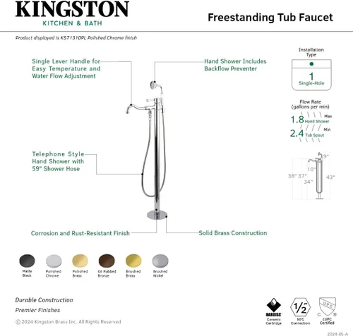 Miniatura 3 de Kingston Brass KS7137DPL Paris - Grifo de bañera (latón cepillado, 43,25 x 9,75 x 6,69 pulgadas)