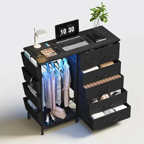 Cómoda de 6 cajones para dormitorio con perchero para ropa, cómoda para ropa con bolsillos laterales y ganchos, estación de carga y luces LED, parte