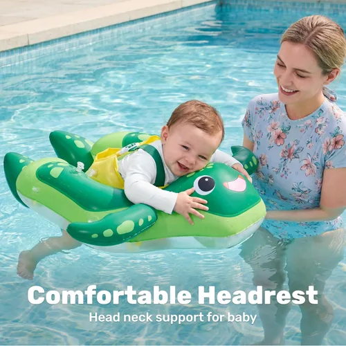 Miniatura 7 de Sloosh Flotadores de natación para bebés con toldo extraíble, flotador inflable para piscina para bebé, diseño de tortuga marina, anillo de natación