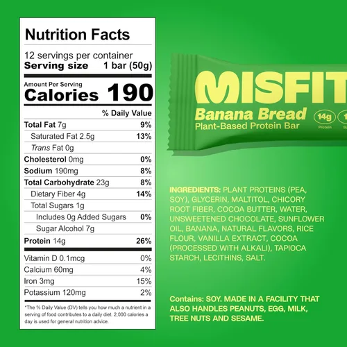 Miniatura 2 de Misfits Barras de proteína vegana – Pan de plátano Barras nutricionales – 0.49 oz de proteína, 0.04 oz de azúcar, a base de plantas, bajas